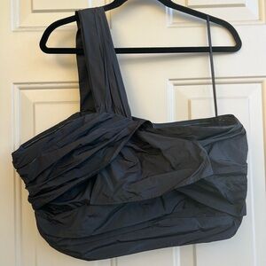 Anthropologie 12W Black One-Shoulder Party Top Draped Evening Cropped